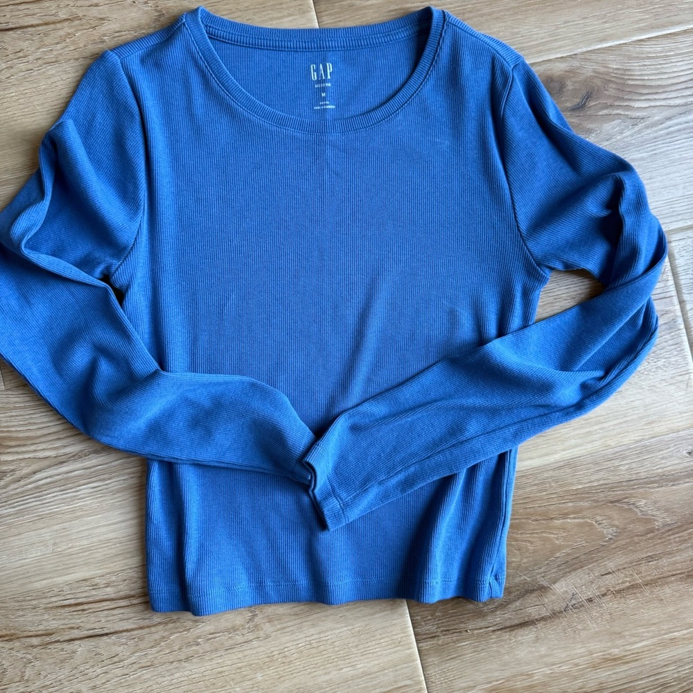 GAP Long Sleeve Ribbed Crewneck Top - True Blue